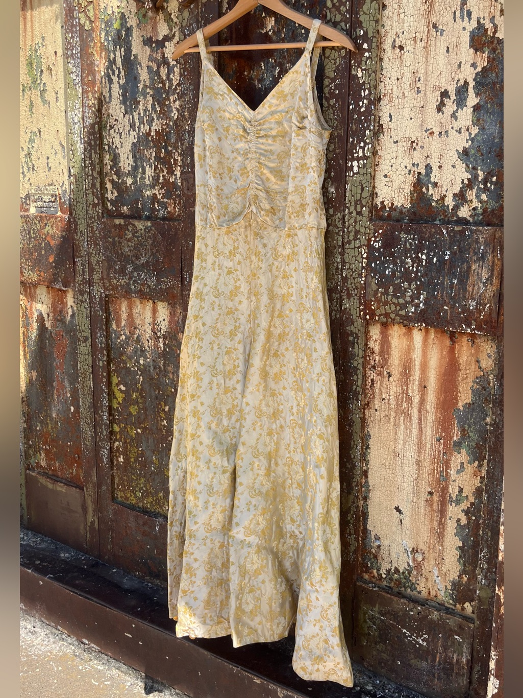 1940s Art Deco Antique Gold Cream Floral Brocade Formal Maxi Summer Dress Gown S